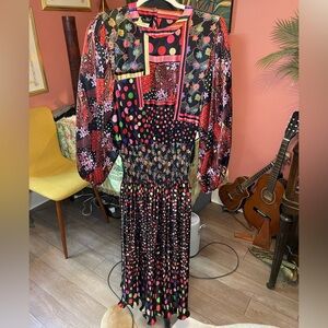 Incredible Rare 1980s vintage Diane Freis Bubble sleeve pleated midi dress M